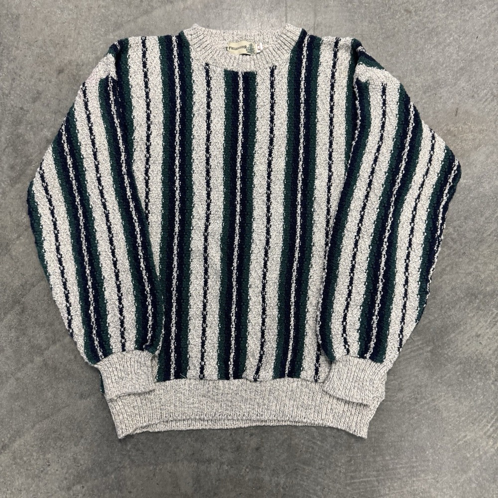 Vintage Men's Fieldmaster Green Striped Sweater 100% Cotton Earthtone Medium